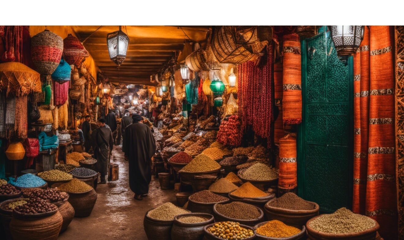 Colori vivaci e spezie esotiche in un mercato tradizionale di Marrakech.